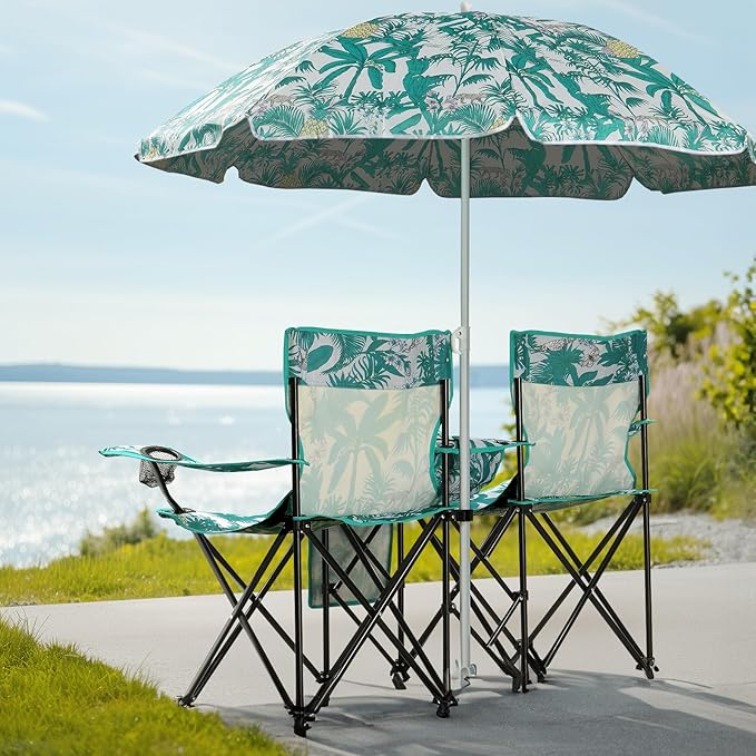 Double Folding Camping Chair W/Umbrella Fold Up Table Beverage Holder Carrying Bag Cooler for Patio Pool Park Outdoor Beach, Picnic, Portable (Pineapple)