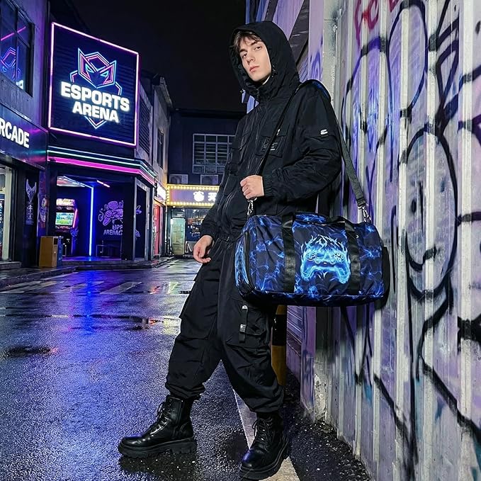 Duffle Bag for Boys Sport Gym Bag with Wet Pocket Shoes Compartment for Teen Boys Luminous Blue Flame Game Travel Bag Dance Bag