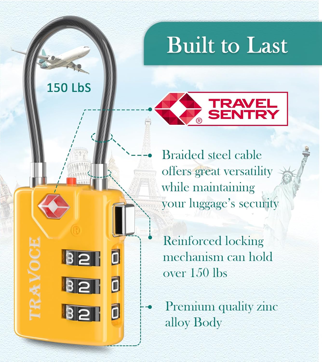 Search Alert TSA Approved Travel Combination Luggage Cable Locks for Suitcase, Gym Locker,Toolbox,Backpack 1,2,4,6 &10 pk (Yellow 4 Pack)