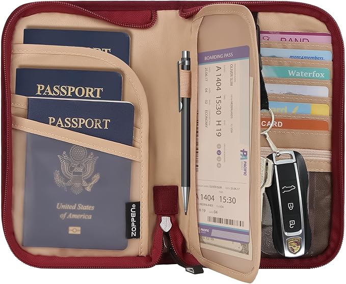 ZOPPEN Passport Holder Family RFID Passport Wallet, Passport Holder Women/Men, Travel Wallet Documents Organizer Zipper Case with Removable Wristlet Strap, Travel Essentials for Flying