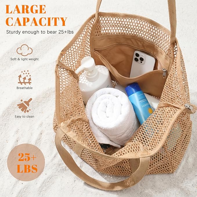 Women's Mesh Beach Bag, Stylish Beach Tote for Swimming, Travel & Vacation Essentials, Lightweight Design for Poolside