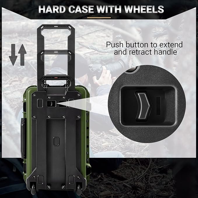 Waterproof Rolling Camera Hard Case 22x14x9 Inch, Impact-resistant Travel Case with Padded Dividers & Wheels for Cameras, Lenses & Accessories(Military Green)