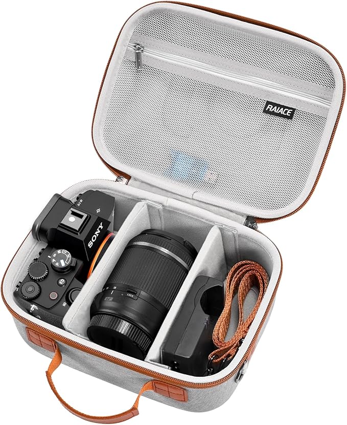RAIACE Hard Case Compatible with Sony Alpha 7 II III IV/7R V Camera, for Nikon, for Canon, for Pentax and More. Mesh Pocket for Charger, Cables, Cards and Accessories. (case only) (Gray)