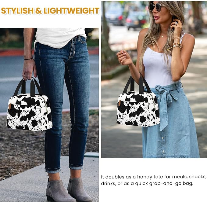 Insulated Lunch Bag for Women, Portable Lightweight Lunch Box for Adults, Reusable Small Lunch Tote Cooler Bags with Front Zipper Pocket for Work School Picnic(Cow)
