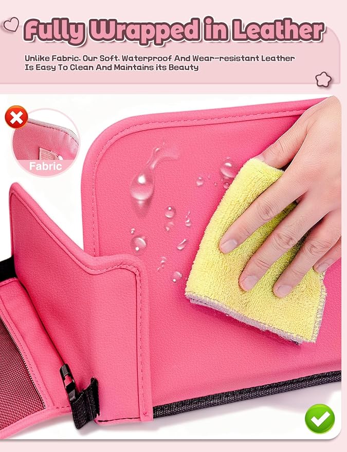 Leather Kids Travel Tray for Car - Car Seat Tray for Kids Travel, Road Trip Essentials, Carseat Table for Roadtrip Activities - Must Have Toddler Lap Desk Organizer for Airplane (Pink)