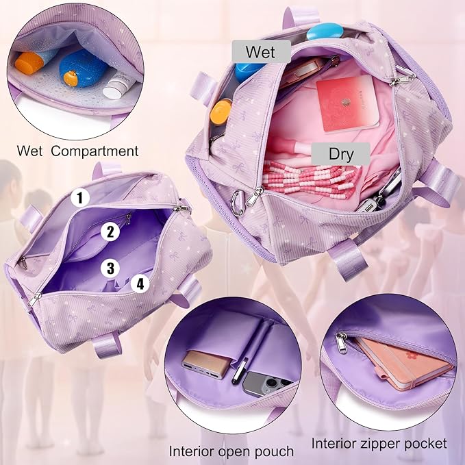 Dance Bag for Girls Corduroy Purple Ballet Dance Bags for Girls 4-6 Toddler Small Duffle Ballerina Bags with Waterproof Dry Wet Separated Compartment