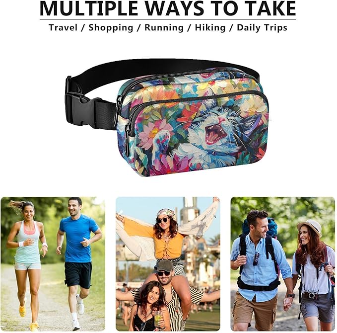 Cat Flower Oil Painting Fanny Pack for Women Men Water Resistant Fashion Waist Packs with Adjustable Strap Belt Bag for Travel Workout Jogging Hiking 21220496
