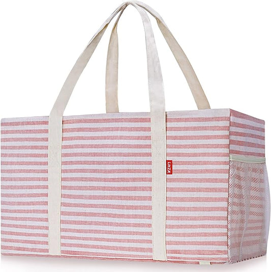 LHZK 2 Pack Extra Large Utility Tote Bag with Metal Wire Frame and the Sides Rinforced, Extra Large Tote Bag with Handle for Pool Beach Laundry Storage (Pink) | 22.5''x10.5''x12''