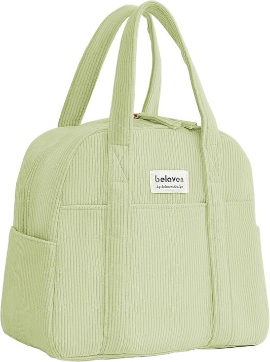 Insulated Lunch Bag for Women, 6-Hour Cold Retention Cooler Tote with Sturdy Handle, 15-Can Spacious Capacity, Leakproof Corduroy Fabric & Aluminum Foil Lining, (Green)