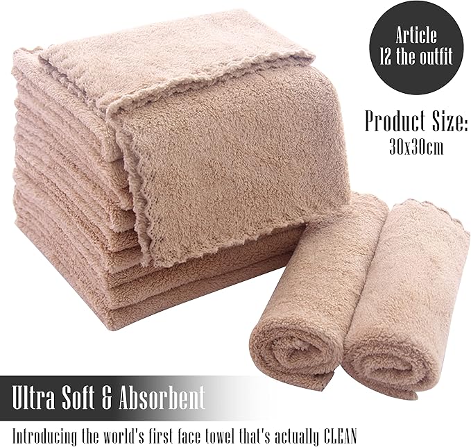 TENSTARS 12 Pack Premium Washcloths Set - Quick Drying - Soft Microfiber Coral Velvet Highly Absorbent Wash Clothes - Multipurpose Use as Bath Fitness, Spa, Facial, Fingertip Towel (Brown)
