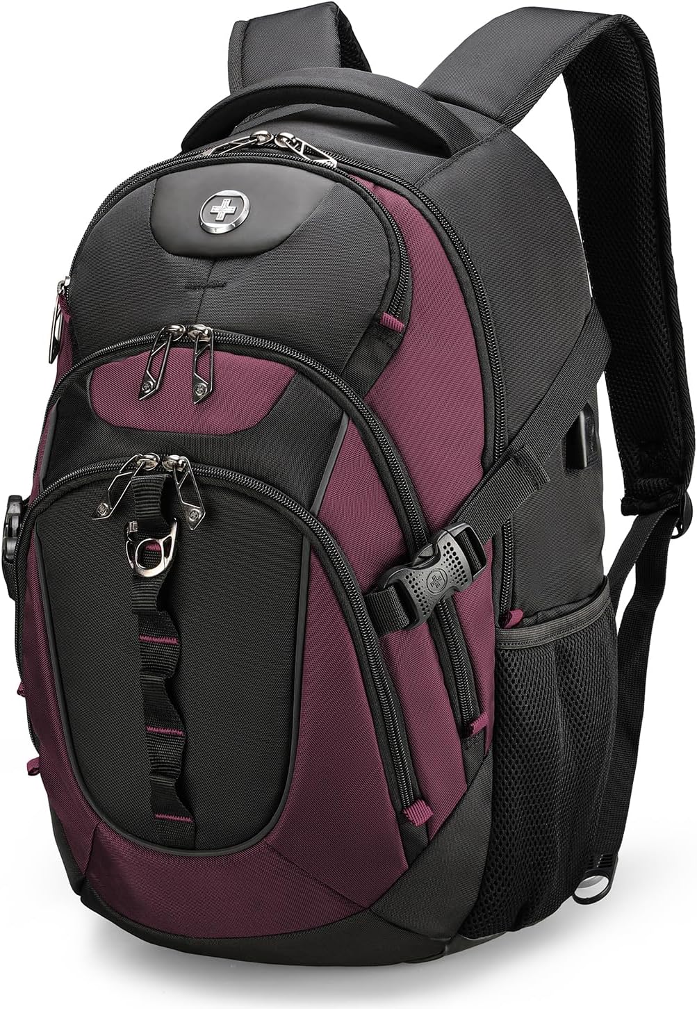 Swissdigital Design Laptop Backpack with USB Charging Port, TSA Travel Backpack Fits 15.6 inches Computer, 31L College School Backpack for Women, Burgundy/Black | SD803
