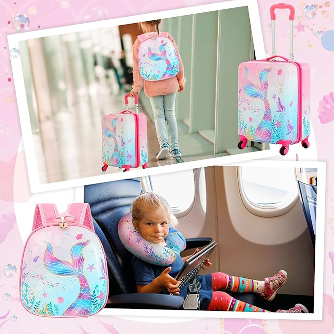 Sanwuta 4 Pcs Kids Luggage Set Rolling Suitcase Backpack U-shaped Pillow Kids Carry On Gift for Summer Travel Family Trip(17 Inch,Mermaid's Tail Style,Blue Purple)