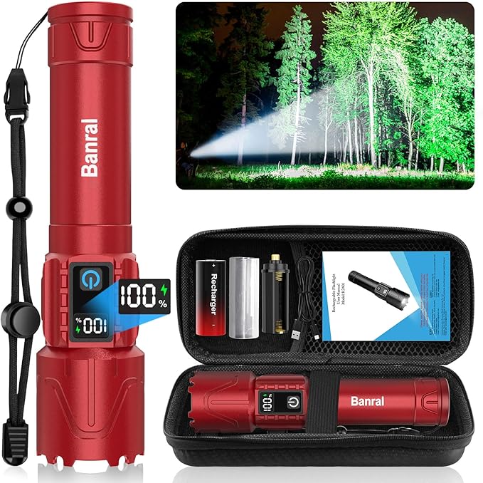 Rechargeable Tactical Flashlights 2000 High Lumens - 5000mAh Super Bright LED Powerful Flash Light, Waterproof Handheld USB C Flashlight for Home,Car,Camping,Emergencies,5 Modes,Zoomable (1, Red)