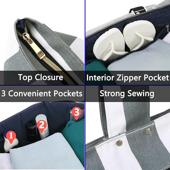 Large Canvas Beach Bag for Women, Beach Bags Waterproof Sandproof with Zipper & Wet Bag Cruise Essentials
