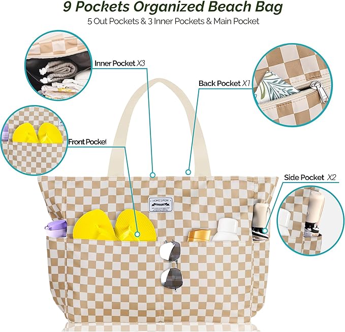 HOMESPON Large Waterproof Beach Bag for Women Sandproof Tote Bag Pool Bag with Zipper and Pockets for Travel Vacation Gym