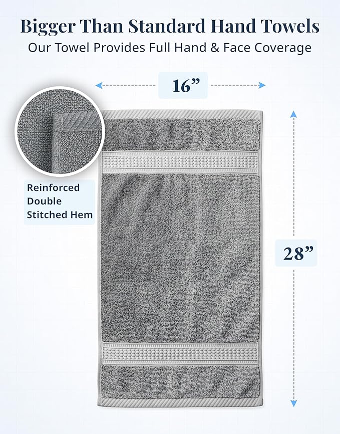 Grey Hand Towels for Bathroom - Pack of 6 (16" x 28") - 100% Cotton Double Stitched Edges - Ultra Soft, Quick Dry & Highly Absorbent - Everyday Comfort Hand & Face Towels for Family and Gym Use - Grey