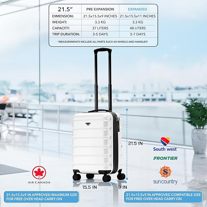 Flight Knight 21.5x15.5x9 Expandable Carry On Suitcase Hardside TSA Lock & USB C Port Lightweight Luggage Silent Double Spinner Wheels Maximum Canada Air Overhead Bag Airlines Approved White