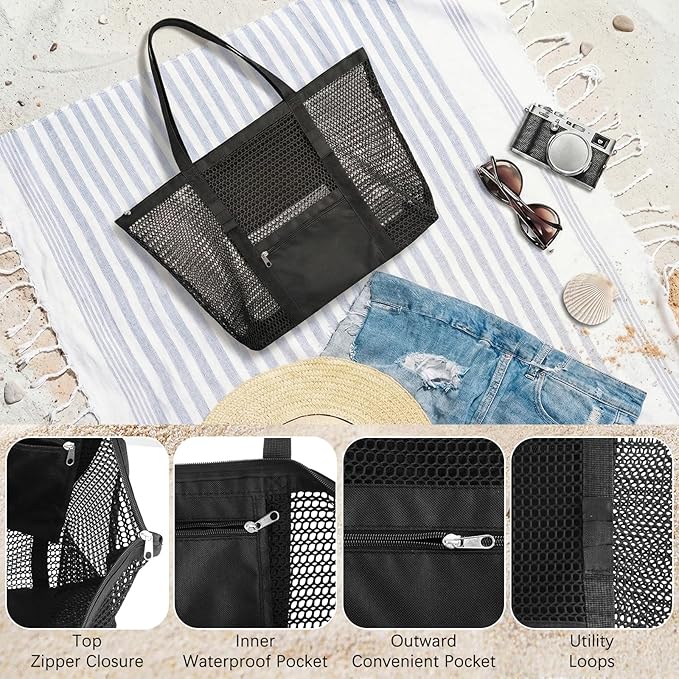 Women's Mesh Beach Bag, Stylish Beach Tote for Swimming, Travel & Vacation Essentials, Lightweight Design for Poolside