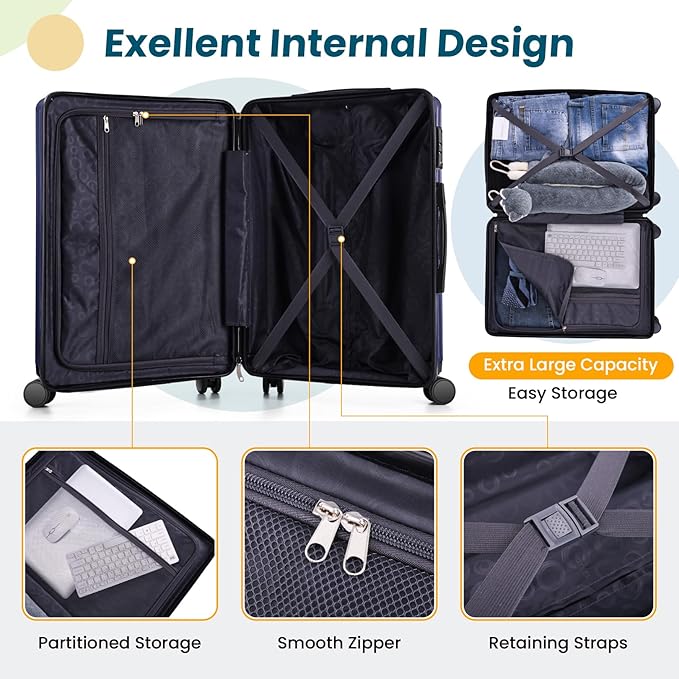 Hoteel Luggage Sets 3 Piece Carry on Luggage with Spinner TSA Lock for Unisex (4-YEAR WARRANTY), ABS+PC Hard Shell Rolling Carry-on Suit Case for Plane, Travel, Business, Royal Blue (20in/DB/TB)