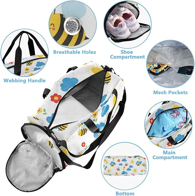 Bee Sun Cloud Gym Bag Kids Sports Duffle Dance Bag Carry On Small Travel Weekender swim Bags with Shoes Pocket for Girls Boys Women Airplanes Ttrip Sports Yoga