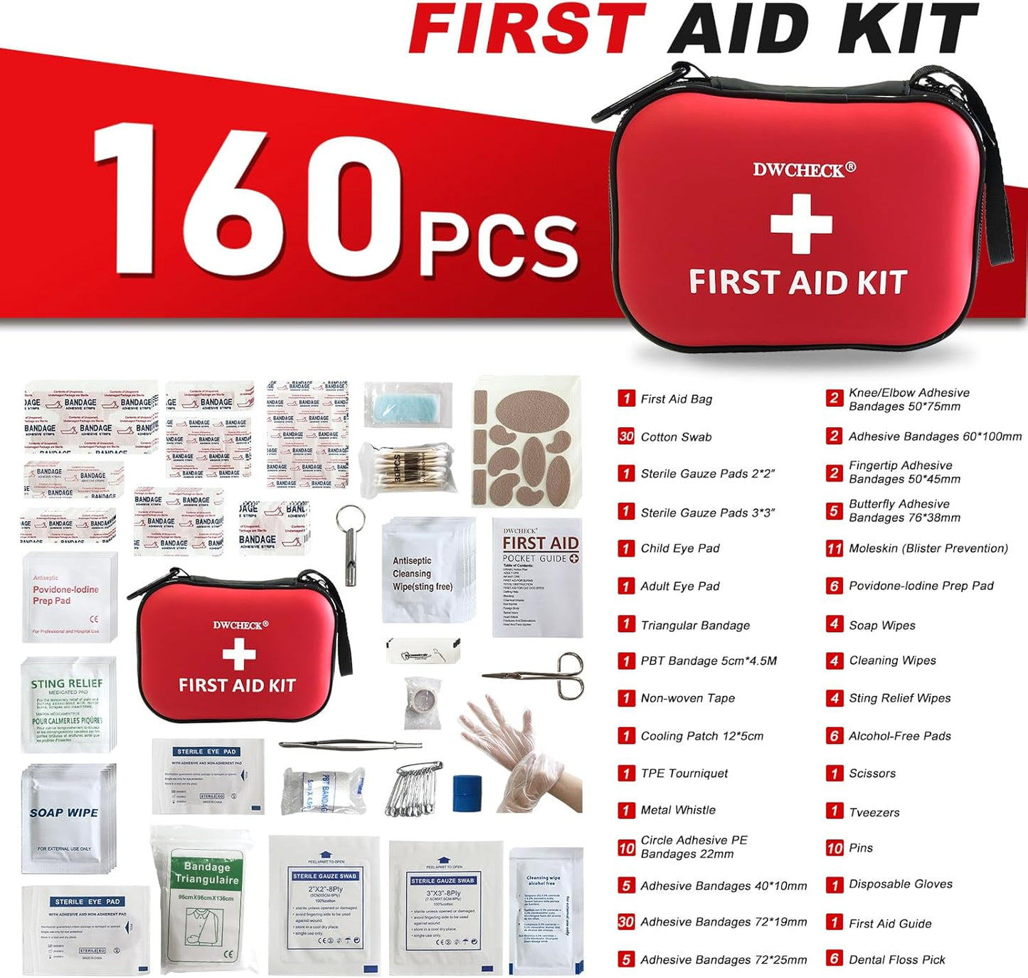 160 Piece Mini First Aid Kit, Compact Waterproof Hard Shell Small Emergency Medical Kit for Travel, Car, Home, Office, Vehicle, Hiking - Camping Essentials and Outdoor Survival Kit