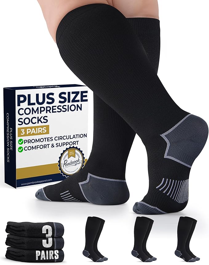 Pembrook Plus Size Compression Socks for Women Wide Calf - 3 Pairs, 20-30mmHg Extra Wide Calf Compression Socks, Up to 4XL