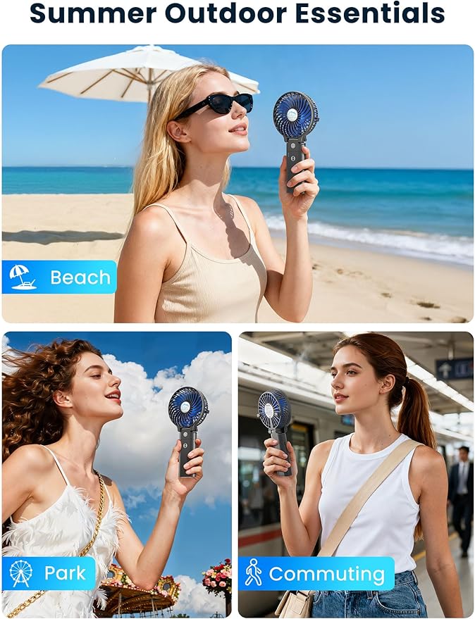 HandFan 5200mAh Portable Handheld Fan Rechargeable - 3 Speeds Foldable Personal Cooling, 2-IN-1 Hand Held Fan Battery Operated, 20H Runtime for Travel/Summer/Concerts/Women (Black&Blue)
