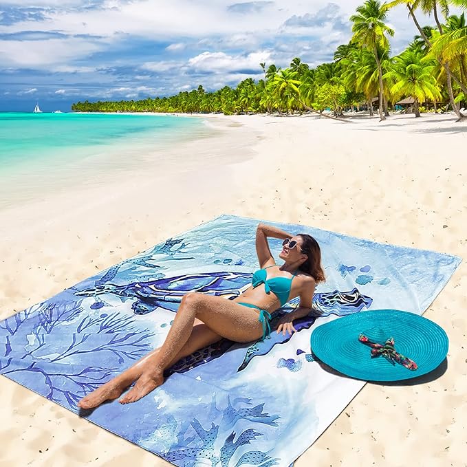 Beach Blanket Waterproof Sandproof Beach Mat for 1-8 Adults Quick Drying Durable Outdoor Picnic Mat for Beach Festival Travel Camping Hiking (BL-Seaturtle, 79"×83"(4 Person))