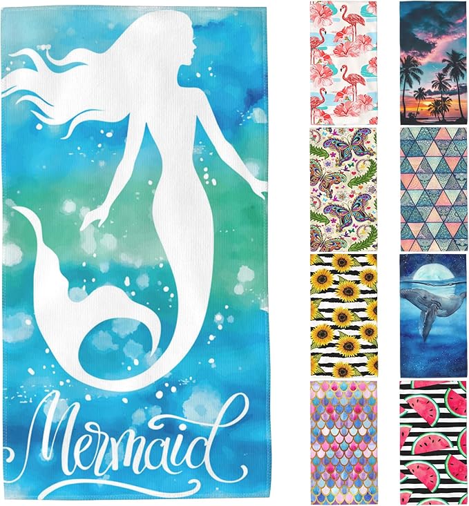 Microfiber Beach Towels,Watercolor Mermaid on Blue Green Sea Water Oversized Absorbent Bath Towels,Soft Quick Dry Thin Camping Towel for Adults Women Men,29.5"×59"