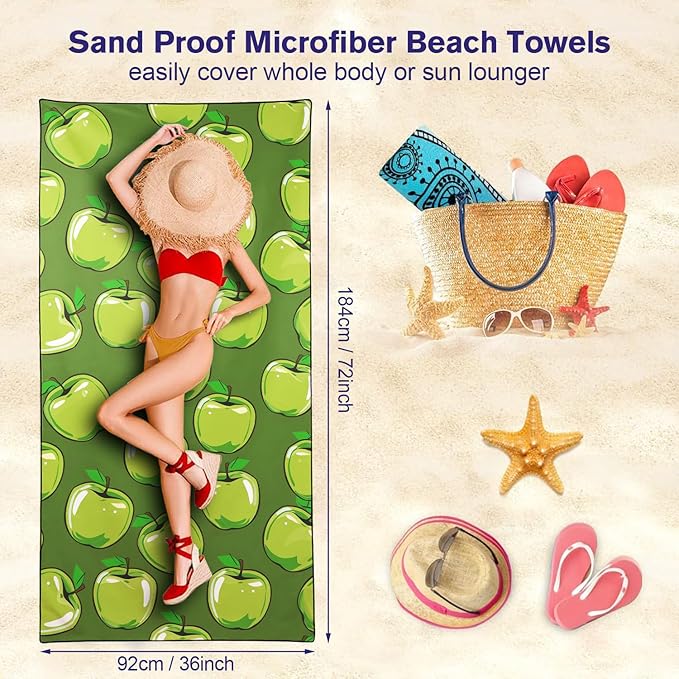 Apples Pattern Beach Towel Extra Large 36" x 72", Thin Lightweight Microfiber Towels with Fruit Design, Sand Free and Quick Dry, Compact Bag