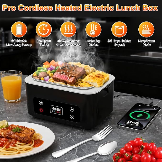 Heated Lunch Box,Electric Lunch Box,Pro 24000mah,Lunch Box Battery Powered, 5.5 Cups Portable Food Heater-3D-5 Side Heating-Intelligent Temperature Control,Suitable For Trucks,Offices(Black/White)