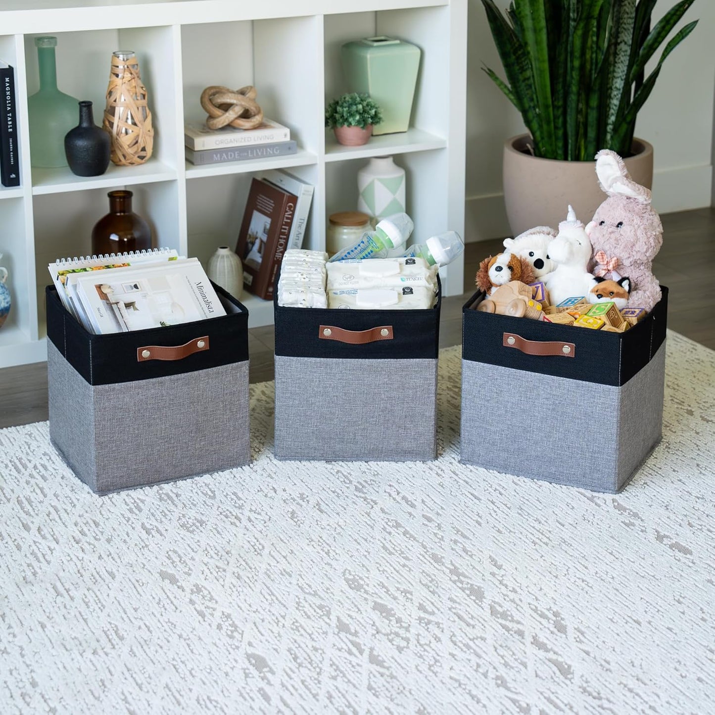 OrganiHaus 12x12 Fabric Storage Bins - Set of 4, Cube Fabric Organizer Bins with Vegan Handles, Kallax Storage Cubes, Cubbies Organizer Boxes, 12Inch Cubic Baskets for Shelves - Grey/Black
