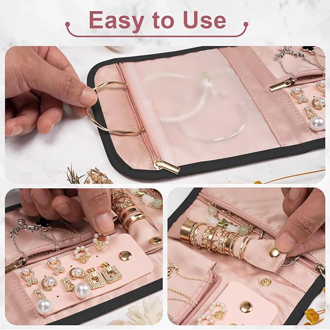 Travel Jewelry Roll Organizer Bag Foldable and Anti-Lost Jewelry Holder Storage for Rings, Necklaces, Bracelets, Earrings and Accessories, Small Black