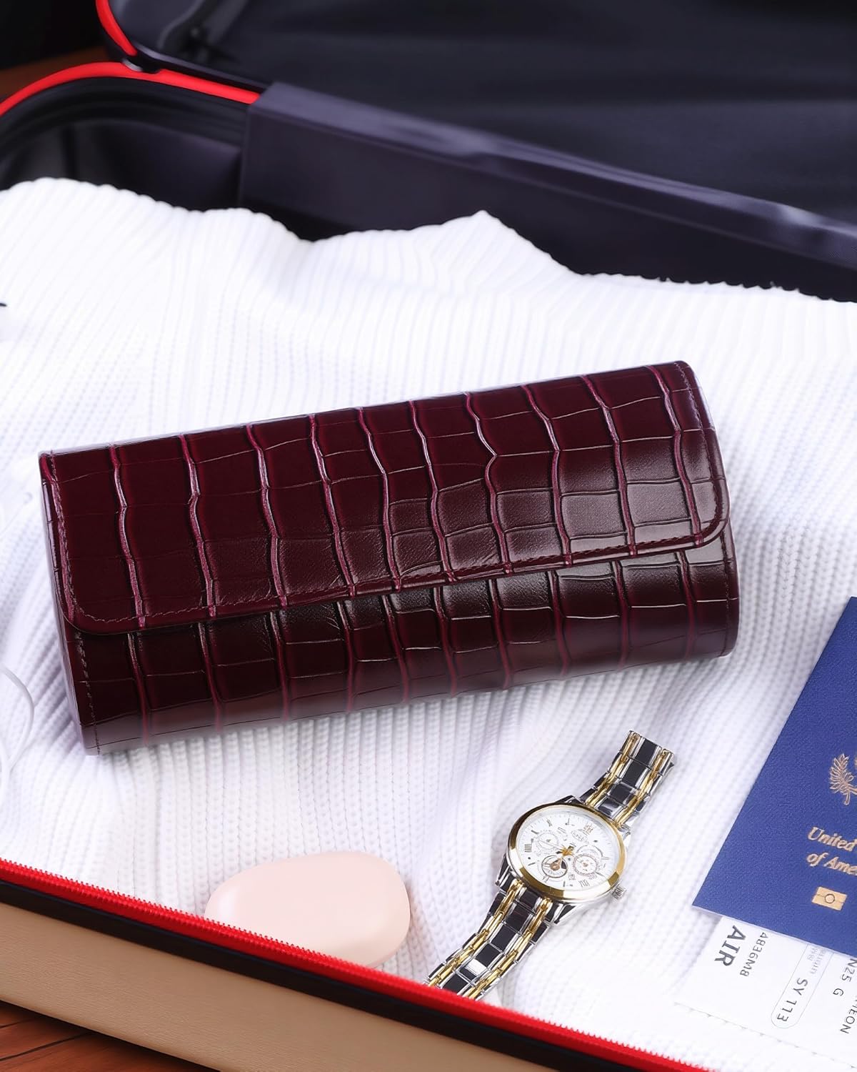 MR.OKAY 3 Watch Travel Case-Classic Leather Watch Case With Superb Texture. (Portable Watch Roll Or Organizer For Storage And Display).Festival Gift For Men, All Handcrafted By Artisans.