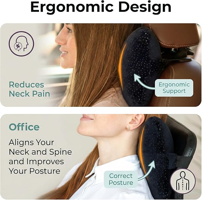 Aeris Car Headrest Pillow,%100 Memory Foam Car Neck Pillow for Driving with Strap - Carry Bag - Maximum Neck Support for Car Seat - Portable Small Travel Pillow - Perfect for Camping and Traveling