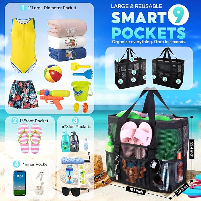 Large Mesh Beach Bag – Lightweight Beach Tote with 9 Pockets, Beach Bag for Women, Men, Family Essentials