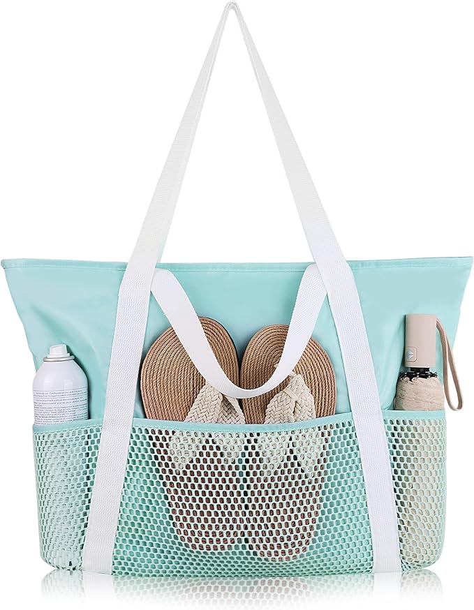 HOMESPON Beach Bag Large Waterproof Sandproof Foldable Tote for Women with Zipper Mesh Pockets for Pool Swim Travel Everyday