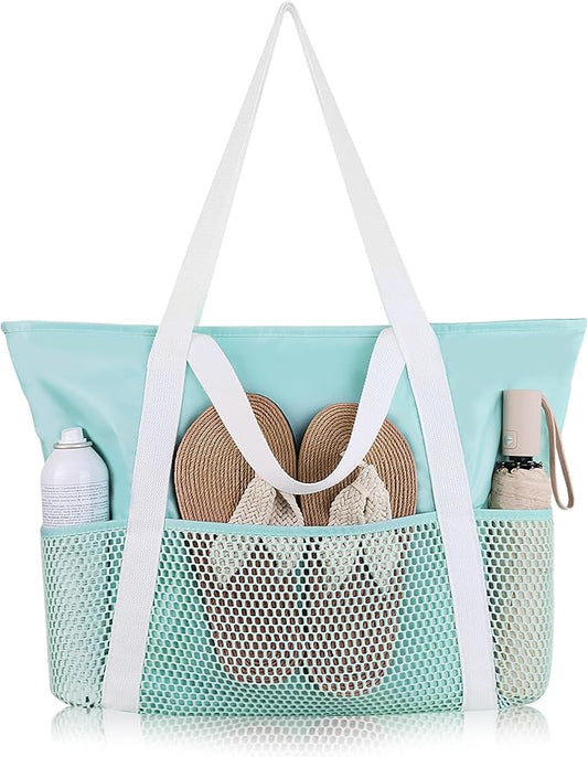 HOMESPON Beach Bag Large Waterproof Sandproof Foldable Tote for Women with Zipper Mesh Pockets for Pool Swim Travel Everyday
