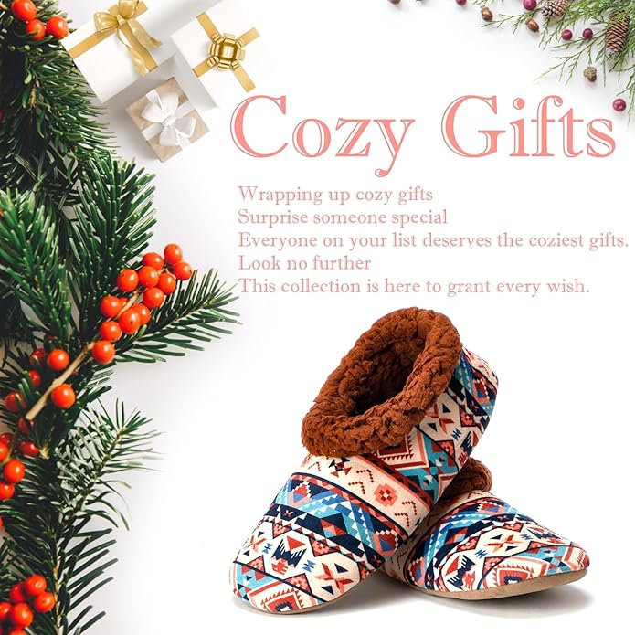 Soft Fuzzy Slippers for Women Indoor, Warm Furry House Sock Shoes Fluffy Lined, Bedroom Booties Non-Slip Gripper Soles, Winter Cozy Christmas Gifts