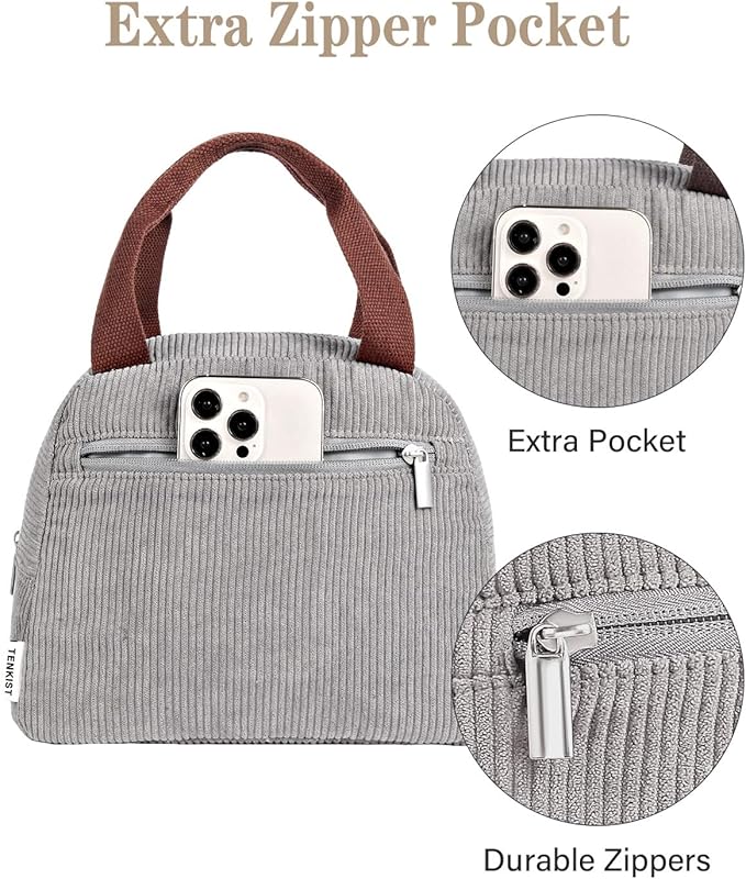 Cute Lunch Box Tote Bag - CoolerCorduroy Insulated Bags for Women - Lightweight Reusable Portable Soft Lunch Pail Kit for Kids Teen Girl Adults Work School Picnic Travel Grey 8L