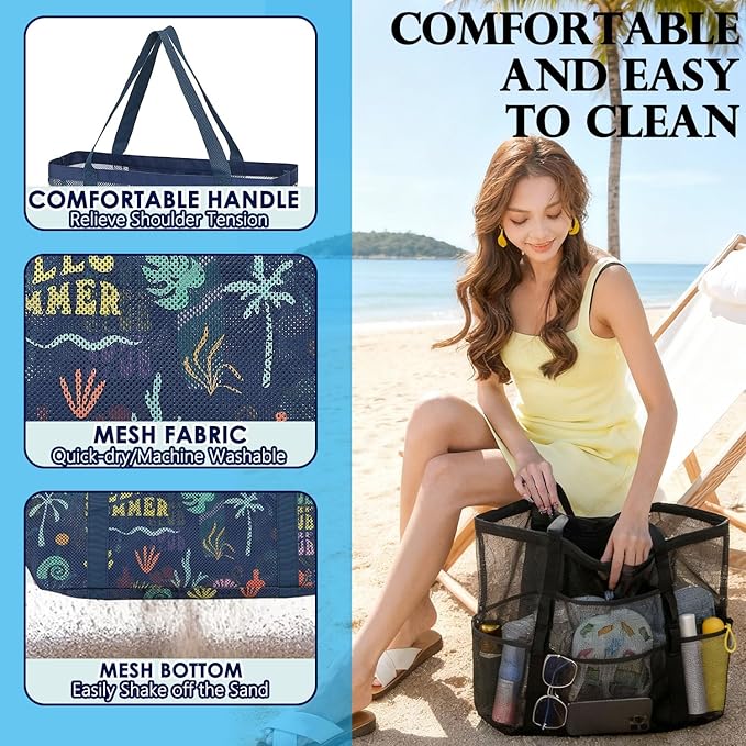 Mesh Beach Bag, Large Beach Tote with Zipper Pocket, Toys Pool Bag for Family Travel Vacation Cruise Essentials