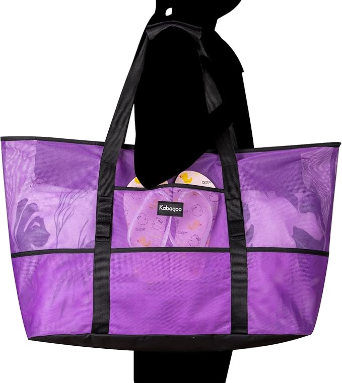 KABAQOO Mesh Beach Bag, Extra Large Beach Bags with 9 Pockets & Zipper Waterproof Lightweight Beach Tote for Beach/Pool Trip | Extra Large, 9 Pockets, Zipper, Waterproof, Lightweight, Beach/Pool Trip