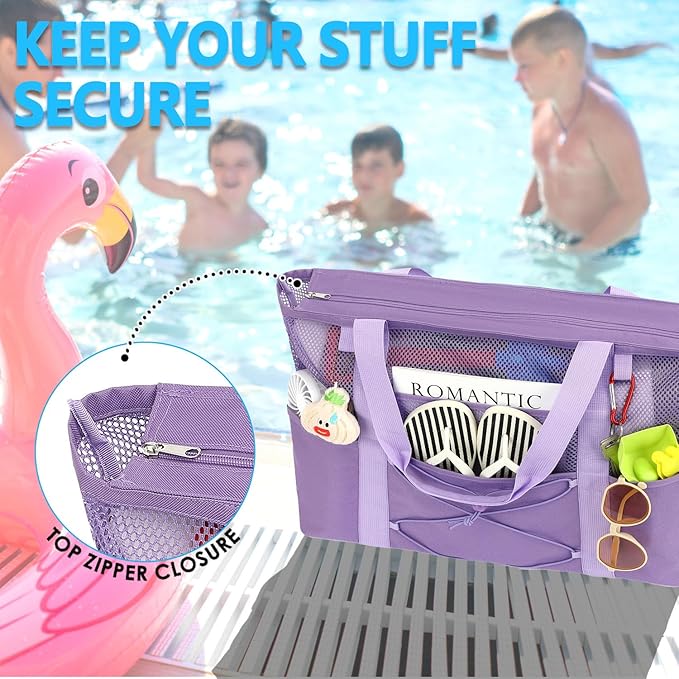 Mesh Beach Bag, Large Beach Tote with Zipper Pocket, Toys Pool Bag for Family Travel Vacation Cruise Essentials