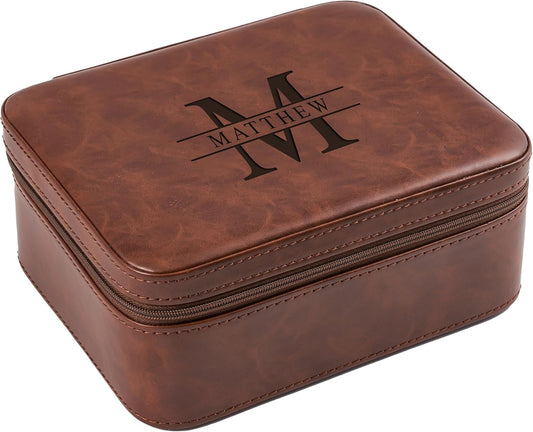 Awesometik Luxury Travel PU Leather Watch Case. Watch Storage Organizer. Watch Display & Watch Holder. Perfect For Watch Collection. Ready to Gift for Men (Brown/Brown, Engraved 3 Slot Watch Case)