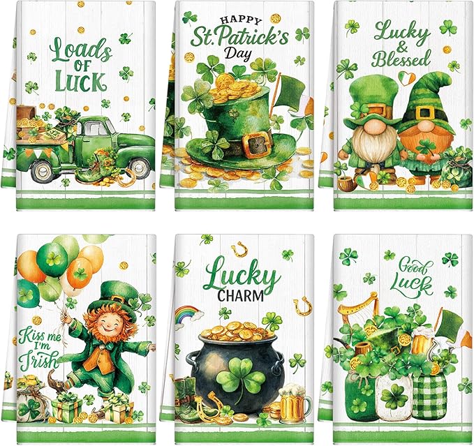 Breling Set of 6 St. Patrick's Day Kitchen Towels Shamrock Green Dish Towel Bathroom Decorative Cloths for Irish Decoration Kitchen Bathroom Home Cooking Housewarming Gifts, 14 x 21 Inch