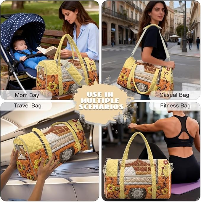 COEQINE Large Duffle Bag For Travel Women Yellow Sunflower Camper Print Quilted Tote Bag Large Car Shoulder Purses for Womens Gym Overnight Luggage Bag with Trolley Sleeve