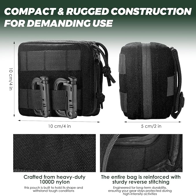 2 Pack Mini Tactical EDC Molle Pouch with 4 D-Rings, Compact Utility Belt Pouches Organizer with Removable Clear ID Pocket for Enhanced Gear Attachment (4x4 GP Pouch)