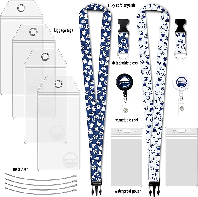 Carnival Cruise Luggage Tag Holders (4 Pack) & Lanyards (2 Pack), Large, Clear & Waterproof, Cruise Essentials 2026-2027 for Ship Cards & Baggage – Durable Travel Accessories (Blue and White)