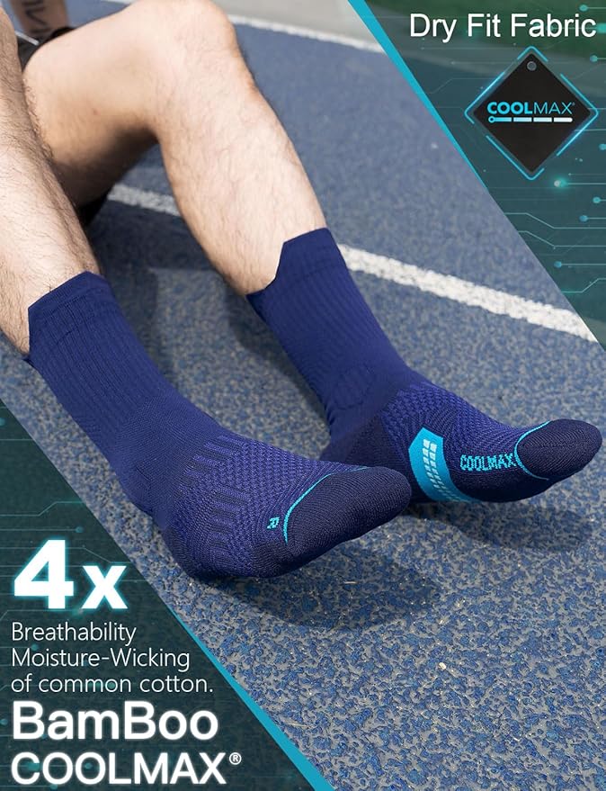 Compression Running Socks, Bamboo Viscose Coolmax Moisture-Wicking Anti-Blister Athletic Hiking Workout Gym Padded