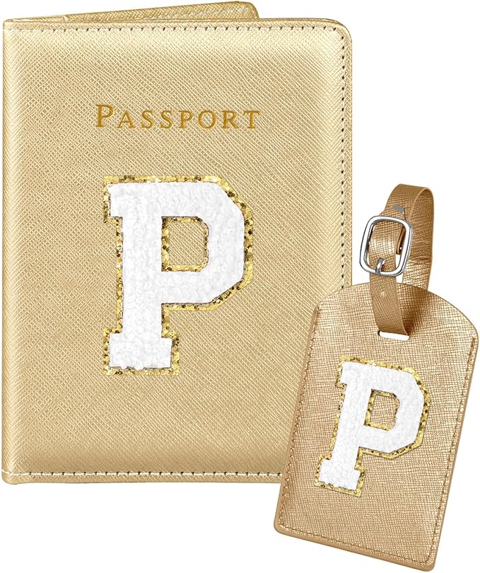 Slohif Passport Holder Initial Lugguage Tag Set Suitcase Cover Wallet Case for Travel Women - Leather Letter Passport Book Personalized Organizer Card Protector Sleeve Essentials Slim Carrier Gold P